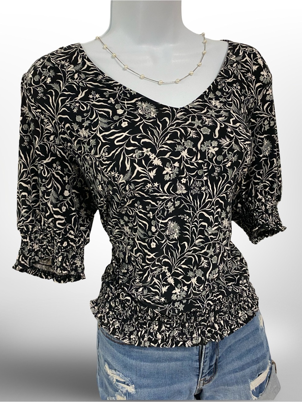 INC International Concepts Black & White Floral Smocked Waist Blouse, Medium